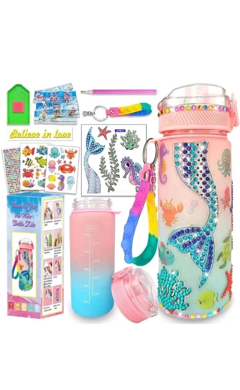 FRGITYGIFT Decorate Your Own Water Bottle Kits for Girls 4-10, Mermaid Gem Diamo